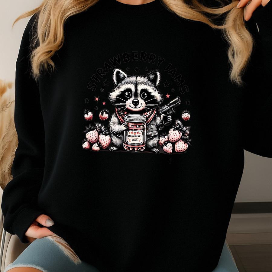 Strawberry Jams But My Glock Don't Raccoon Shirt, Funny Raccoon Sweatshirt, Funny Meme Hoodie, Raccoon Lover Gift Tshirt, Funny Western Tee Sweatshirt