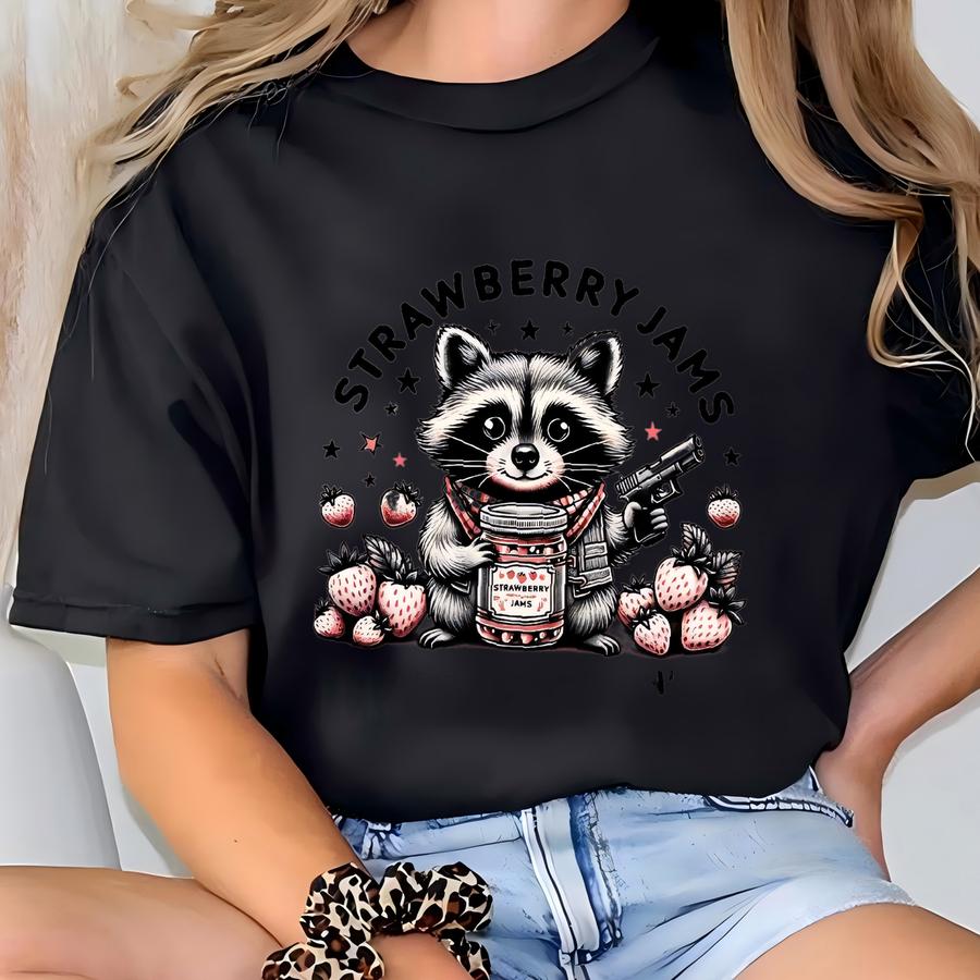 Strawberry Jams But My Glock Don't Raccoon Shirt, Funny Raccoon Sweatshirt, Funny Meme Hoodie, Raccoon Lover Gift Tshirt, Funny Western Tee T-shirt