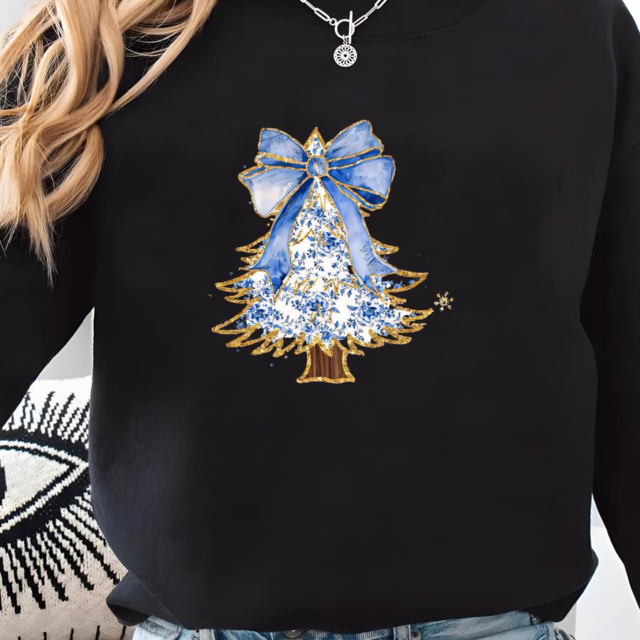 Faux Glitter Effect Coquette Christmas Tree Sweatshirt, Blue And Gold Sparkly Effect Christmas Coquette, Blue And White Christmas Sweatshirt