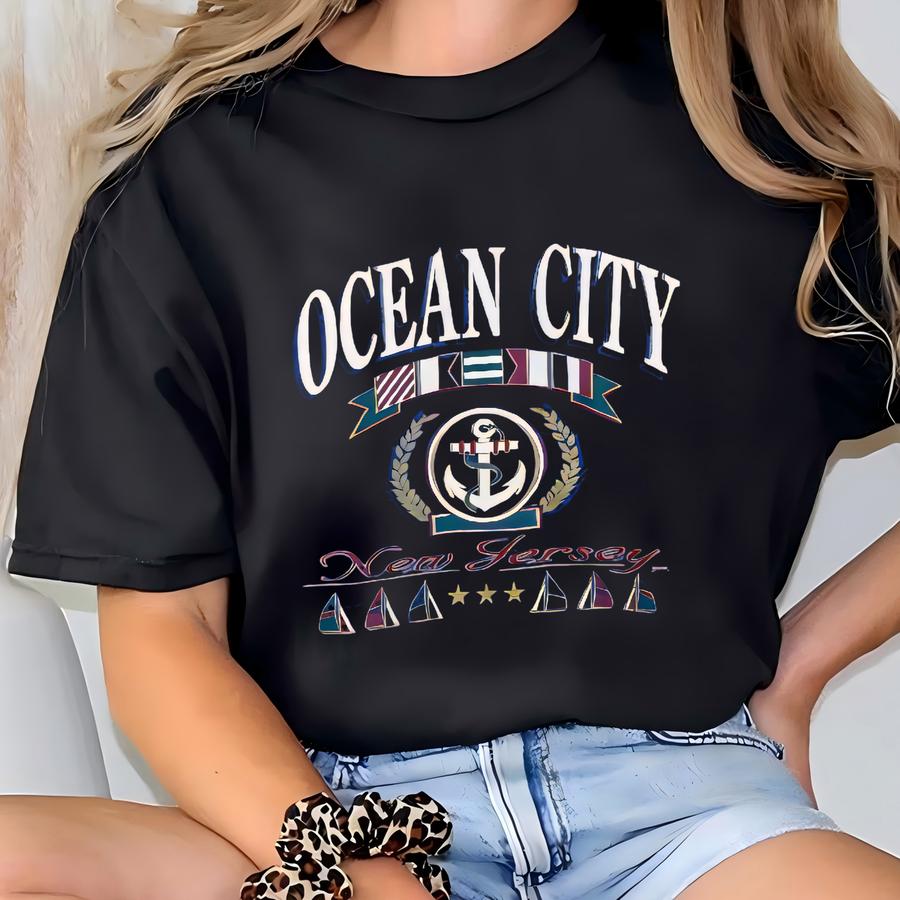 Vintage Ocean City Sweatshirt Ocean City Crewneck Jumper Ocean City Pullover Sweater Ocean City Print Graphic Logo Blue Colour Medium Size T-shirt