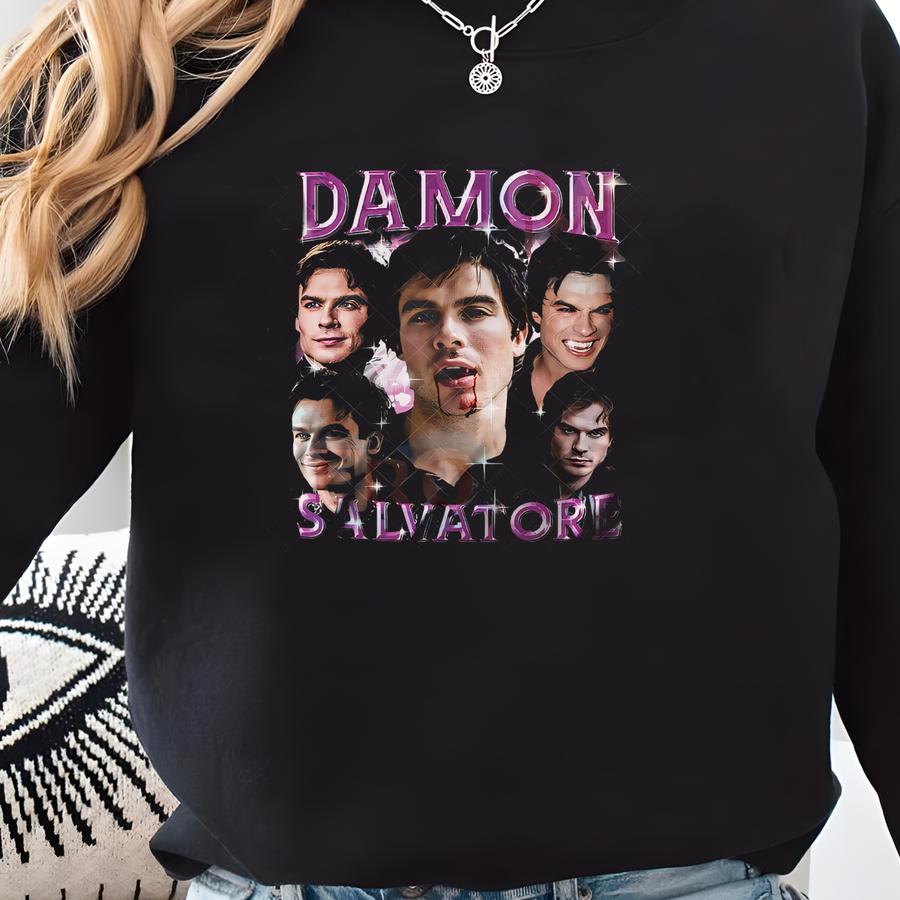 Ready And Custom T-shirt Damon Salvatore Shirt Vintage Tee Unisex Adult And Youth Tee Vintage Crewneck Best Seller Long Sve And Hoodie Sweatshirt