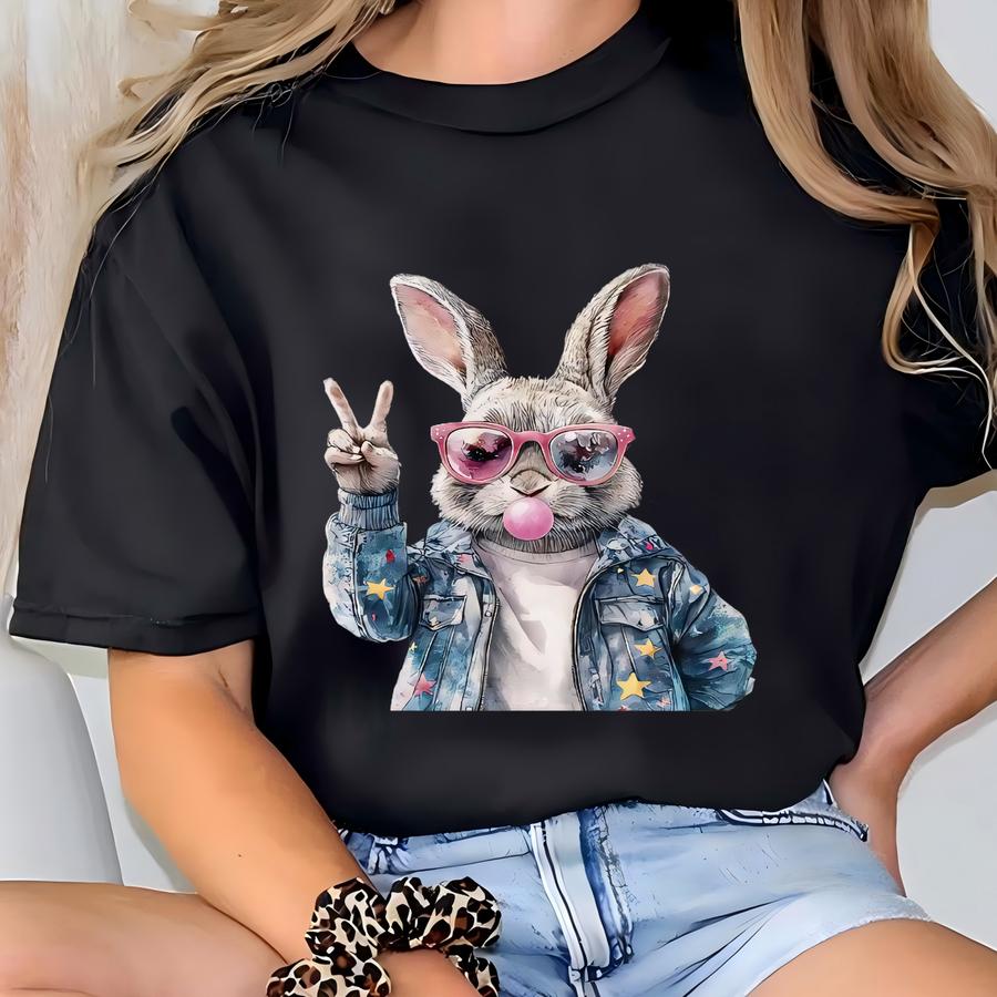 Bunny With Glasses Shirt, Easter Shirt, Easter Bunny Graphic Tee, Easter Shirts For Women, Ladies Easter Bunny, Bubble Gum Bunny Tee T-shirt