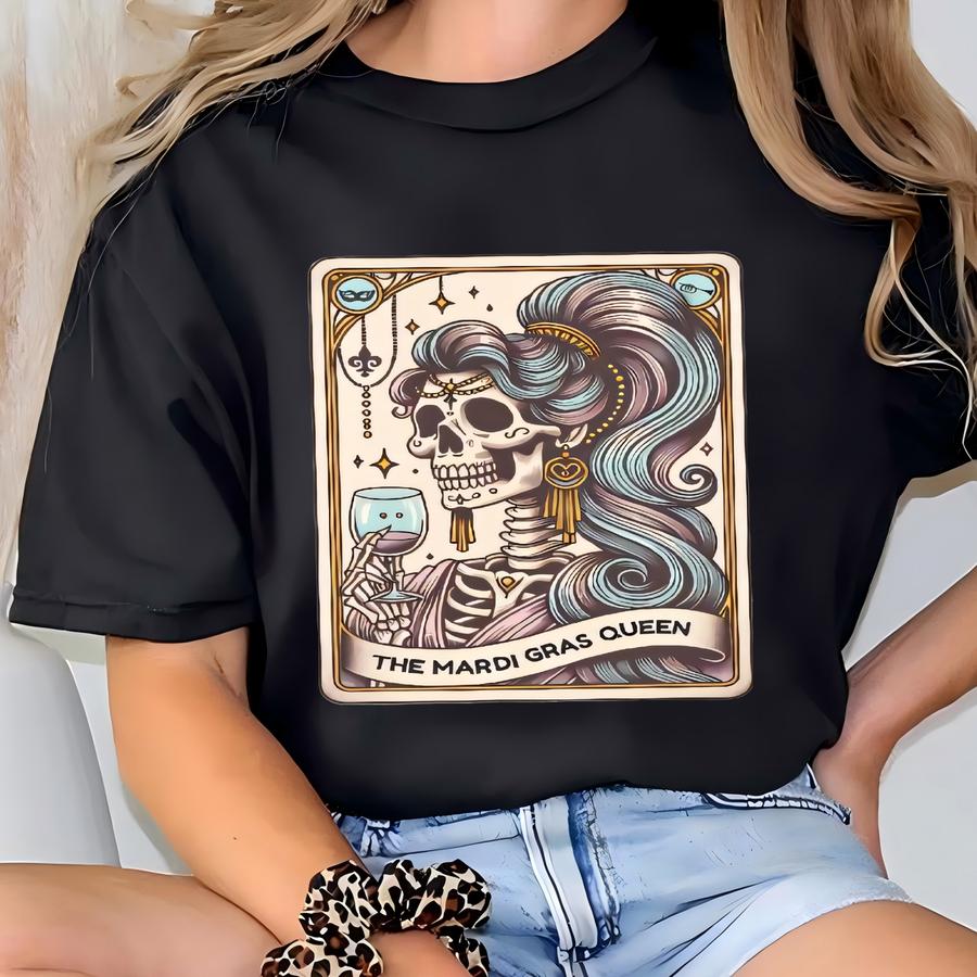 Mardi Gras Shirt, Mardi Gras Parade Tarot Card Sweatshirt, Louisiana Carnival Party Gift, Witchy Skeleton Mardi Gras Crewneck T-shirt