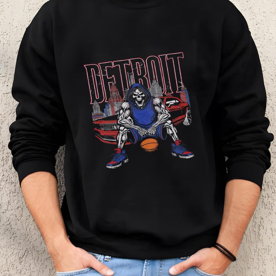 Detroit Basketball Skeleton Graphic Sweatshirt: Vintage Pistons Crewneck Sweatshirt