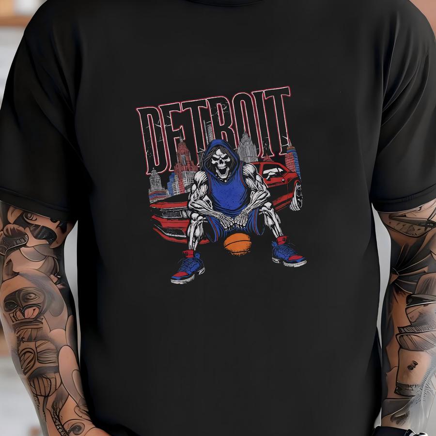 Detroit Basketball Skeleton Graphic Sweatshirt: Vintage Pistons Crewneck T-shirt