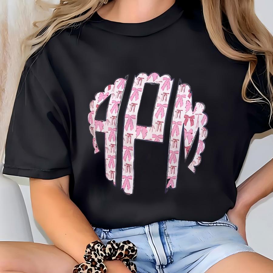 Bow Monogram Pink Coquette Hoodie, Girly Initials Sweatshirt, Gildan Crewneck, Apparel, Gildan Hoodie T-shirt