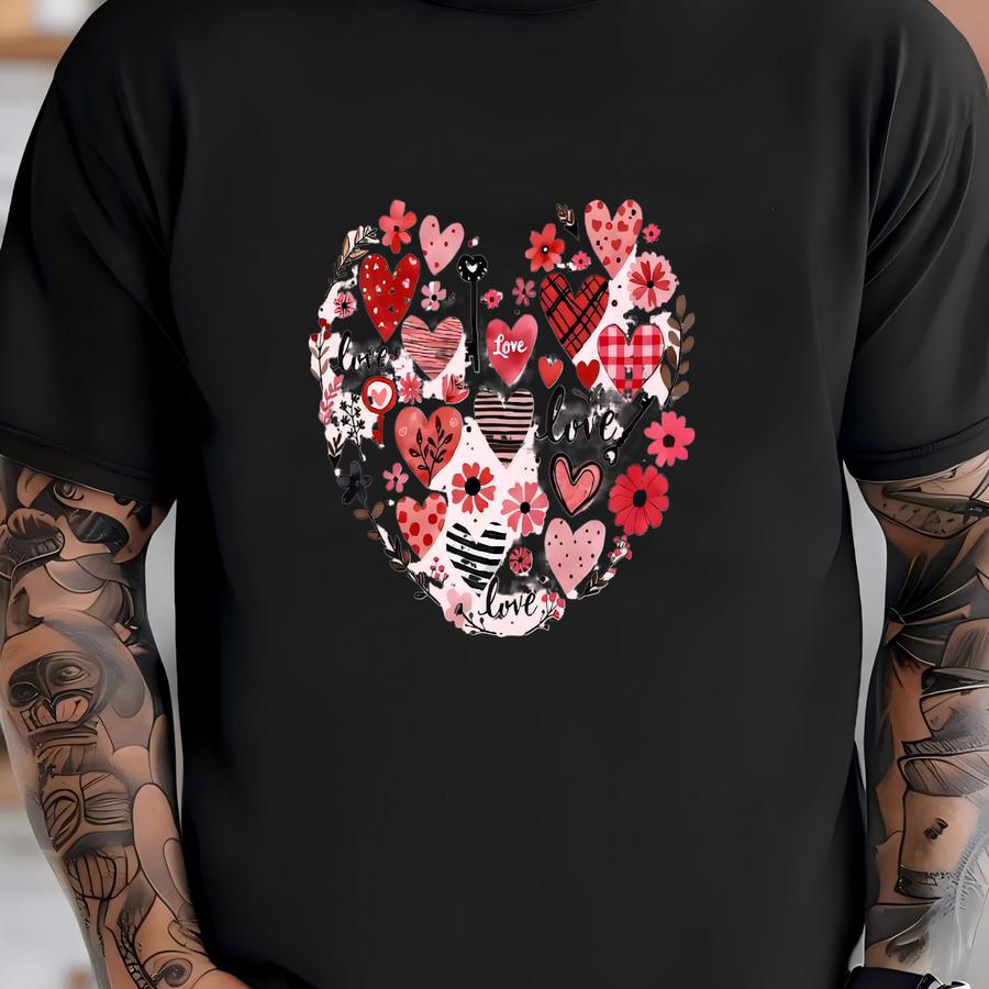Valentine's Day Heart Collage Shirt: Love Flowers Design T-shirt
