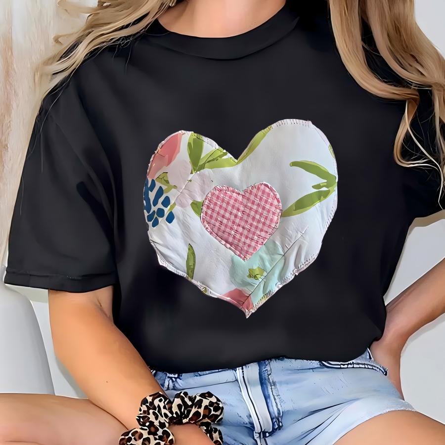 Coquette Pink Sweatshirt: Floral Gingham Heart Applique, Adult Small T-shirt