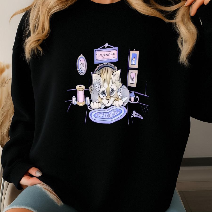 Vintage Morning Sun Kitten Sweatshirt Kitten Crewneck Sweater Kitten Pullover Sweatshirt Kitten Big Print Graphic Sweatshirt Purple Colour Sweatshirt