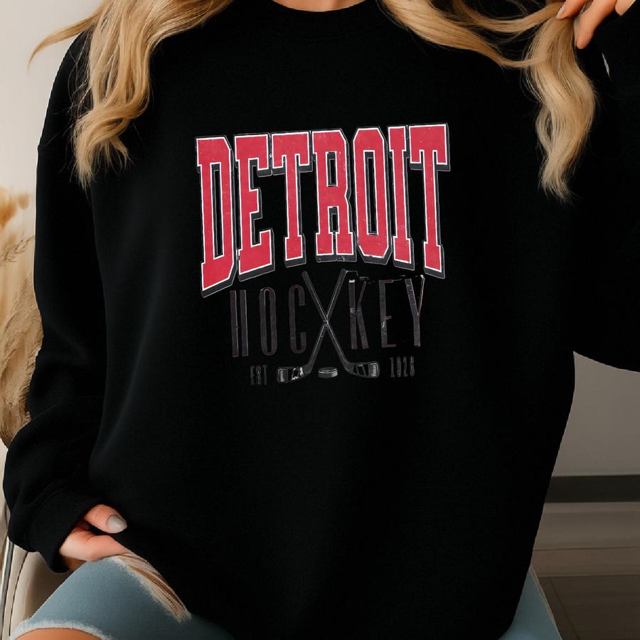 Vintage Detroit Hockey Sweatshirt | Detroit Ice Hockey Crewneck | Michigan Sports Hoodie | Red Detroit Hockey Shirt Sweatshirt