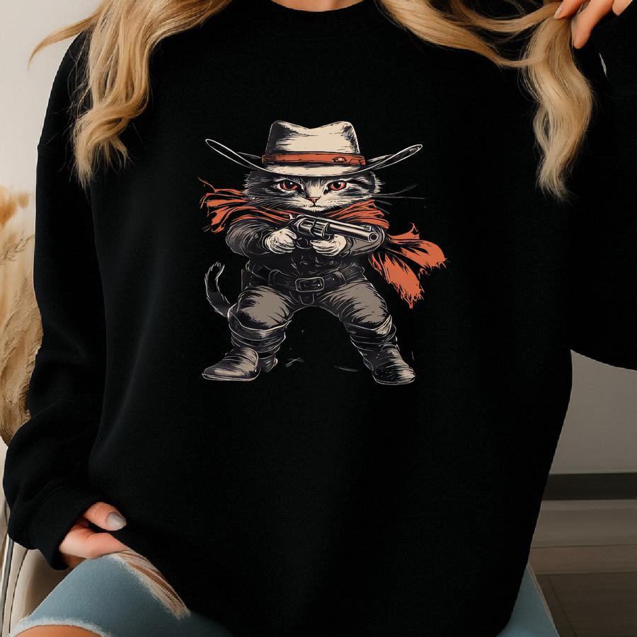 Cat Cowboy Hat Shirt Funny Cat Tshirt Cat Mom Dad Western Cat Lover Gun Pistol Cowgirl Gift T-shirt Sweatshirt