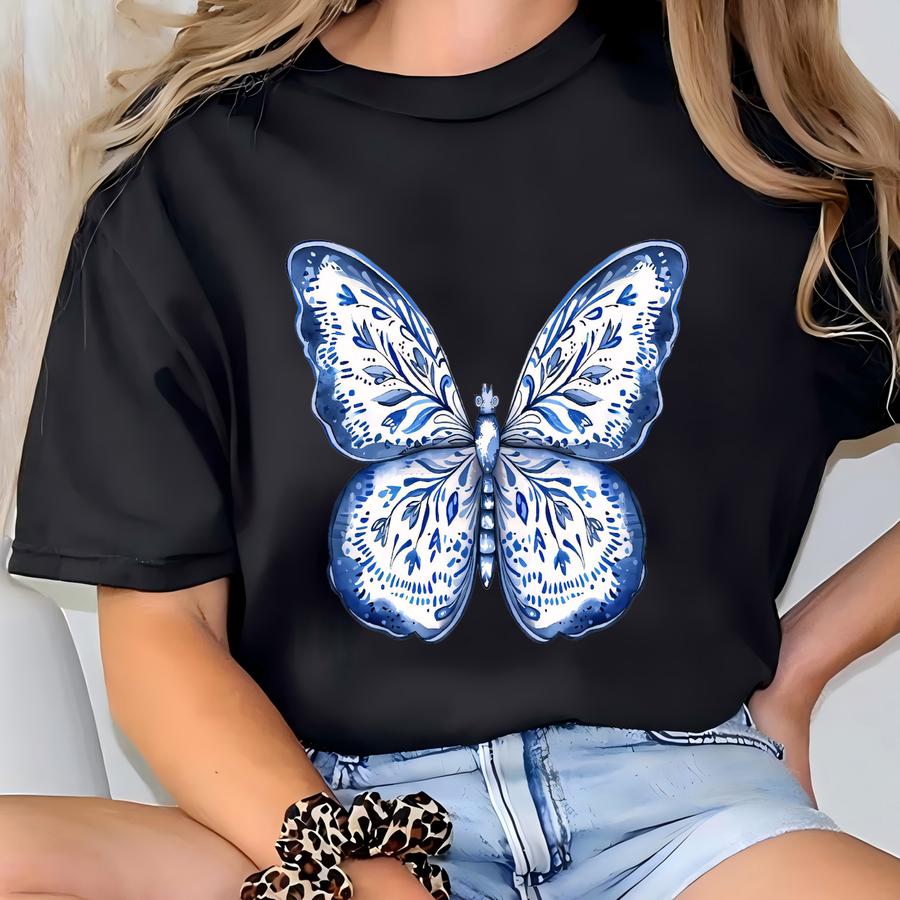 Retro Comfort Butterfly Sweatshirt, Cute Blue Toile Butterfly Hoodie, Women Shirt, Funny Butterfly Tee, Inspirational Women Gift T-shirt