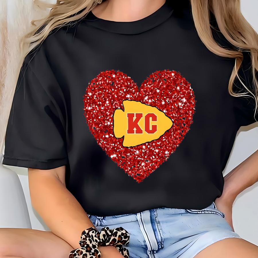 Vintage Kansas City Football Sweatshirt, Faux Kc Glitter Heart, Football Sweatshirt For Teen Girl, Gift For Mom, Red Kingdom Gift T-shirt