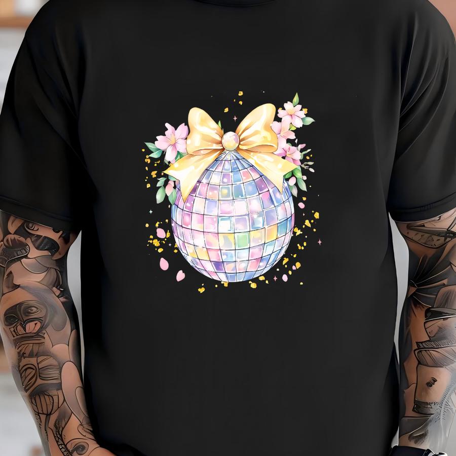 Easter Day Disco Ball Coquette Bow Sweatshirt, Happy Easter, Easter Girl, Disco Ball Shirt, Pink Coquette Bow Sweater, Floral Easter -tc034 T-shirt