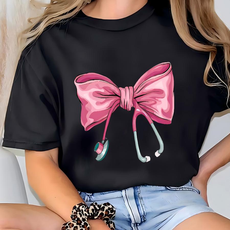 Coquette Nurse Sweatshirt: Pink Bow Stethoscope, Oversized Fit T-shirt