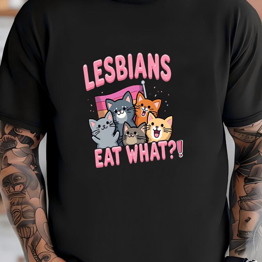 Lesbians Eat What?! Funny Cat Gay Pride Lgbtq Pun, Pride Month Humor, Lgbtq+ Cat Shirt, Funny Lesbian, Rainbow Cat Pride Tee, Queer Humor T-shirt
