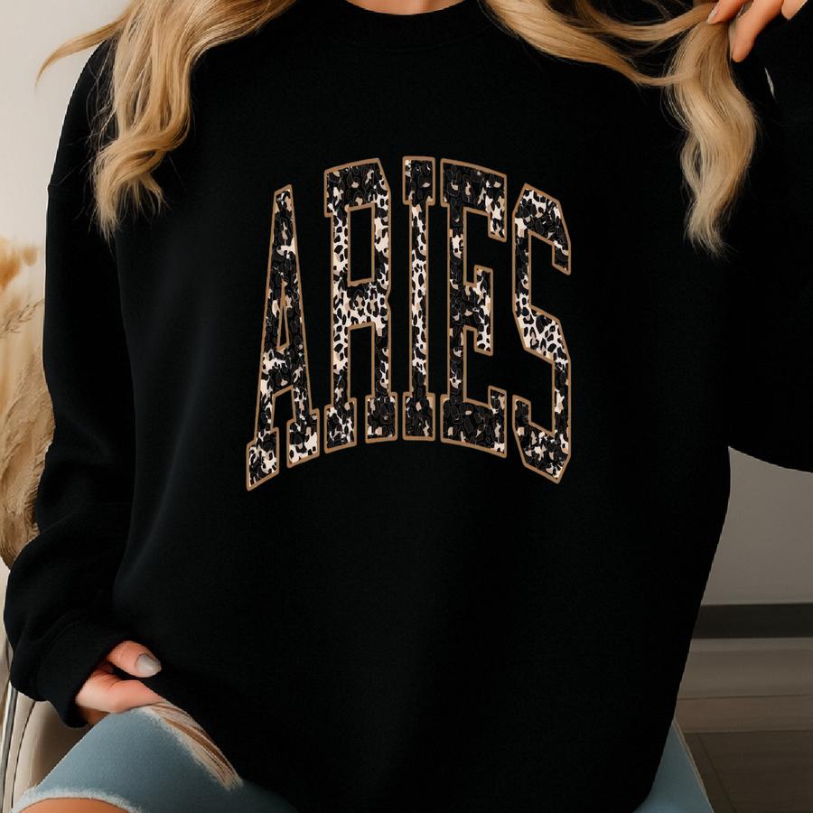 Leopard Print Aries Zodiac Sweatshirt: Boujee Star Sign Crewneck Sweatshirt