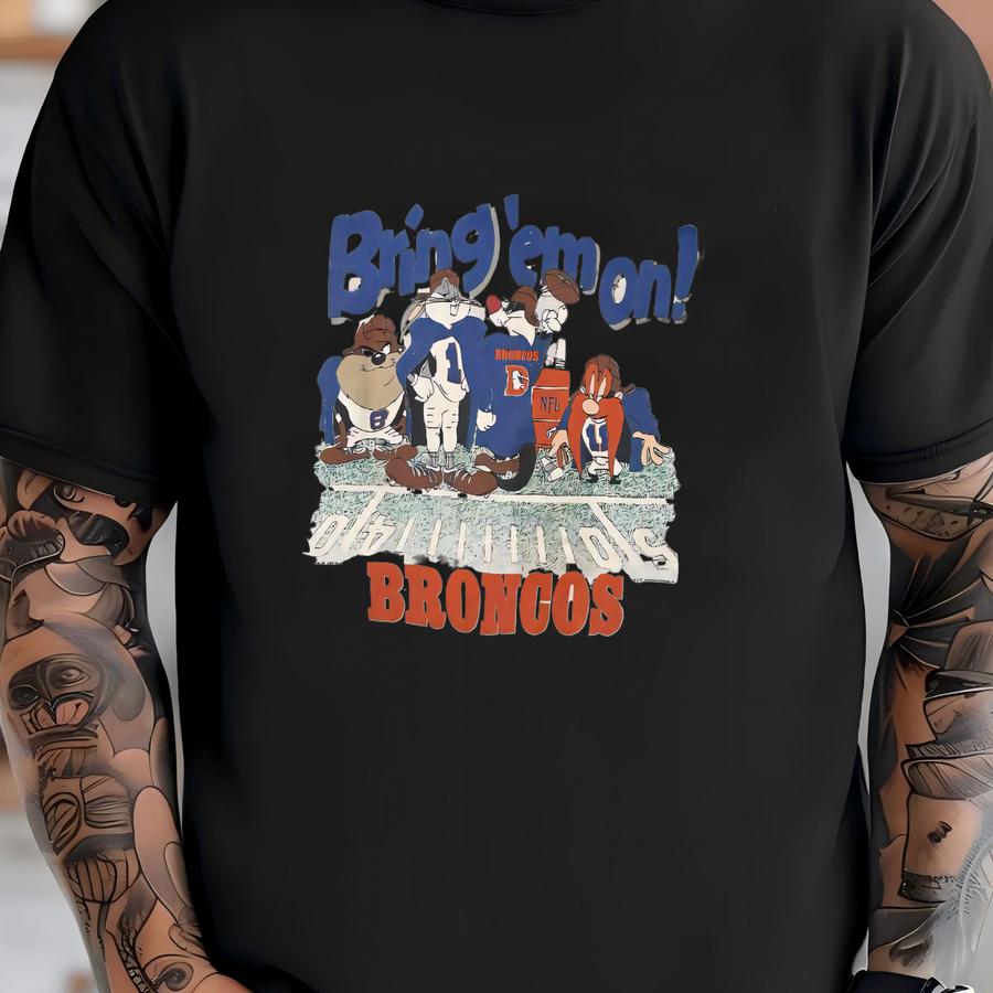 Men's Vintage 90s Looney Tunes Denver Broncos Gray Blue Crewneck Sweatshirt Sz L T-shirt