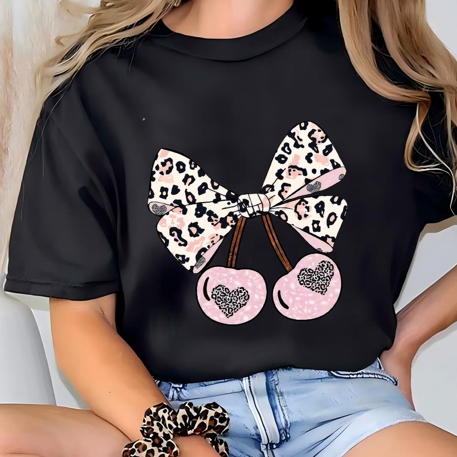 Coquette Leopard Cherries Sweatshirt, Cute Coquette Shirt, Coquette Bow Cherry For Women Sweatshirt, Girly Pink Leopard Cherry Hoodie T-shirt