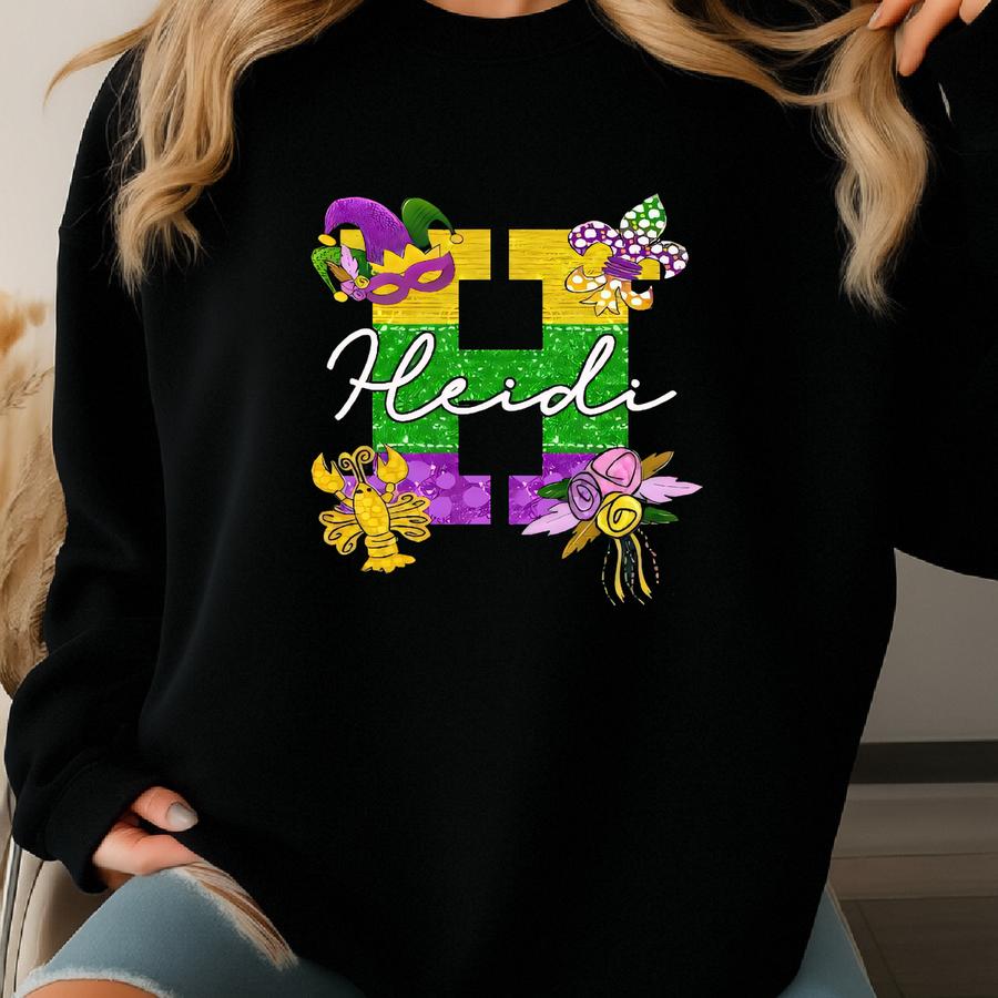 Personalized Mardi Gras Baby Name Romper Long Sves, Mardi Gras Doodle Letter Romper, 1st Mardi Gras Baby Clothes Sweatshirt
