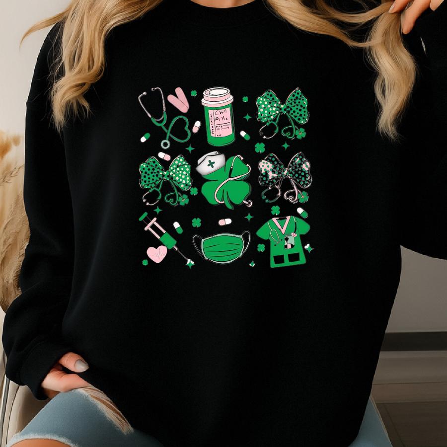 St. Patrick's Day Nurse Shirt, Coquette Bow St Patricks Day T-shirt For Nurse, Lucky Irish Shamrock T-shirt,nurse Stethoscope Gift For Nurse Sweatshirt