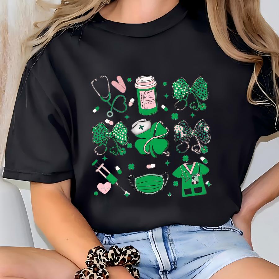 St. Patrick's Day Nurse Shirt, Coquette Bow St Patricks Day Hoodie For Nurse, Lucky Irish Shamrock Hoodie,nurse Stethoscope Gift For Nurse T-shirt