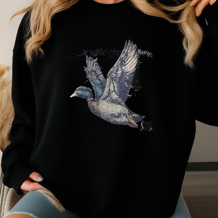 Camo Flying Mallard Bird Stamp Tag Old School Camo Sublimated Vintage Gildan Crewneck, Gildan T-shirt, Sweatshirt