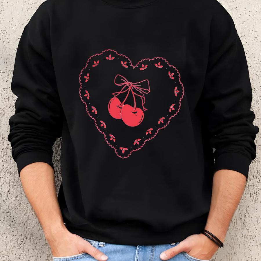 Valentine Day Heart Sweatshirt, Cherry Heart Sweater, Cute Heart Shirt, Love Sweatshirt, Valentine's Day Shirt, Girls Valentine Gift,  Sweatshirt