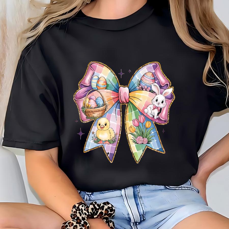 Easter Bow Shirt, Springtime Charm Shirt, Bunny And Chick Sweathsirt, Festive Easter Ribbon, Colorful Easter Joy, Pastel Easter Vibes Tshirt T-shirt