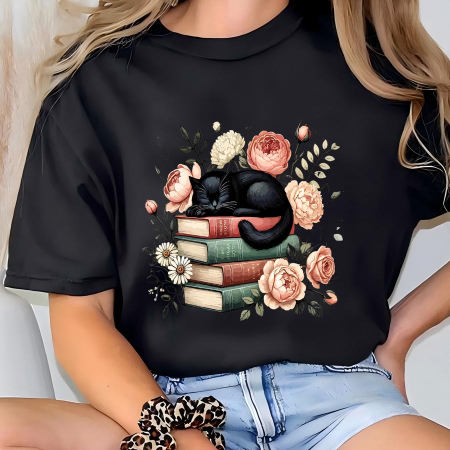 Cat Book Sweatshirt: Floral Reading Cat Lover Pullover T-shirt
