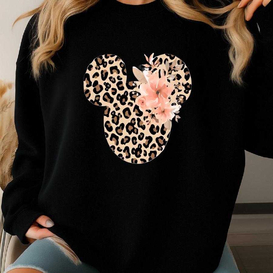 Leopard Print Floral Mouse Shirt, Cute Mom Shirt, Leopard Ear Shirt, Leopard Mom Sweatshirt, Girls Trip Shirt Sweatshirt