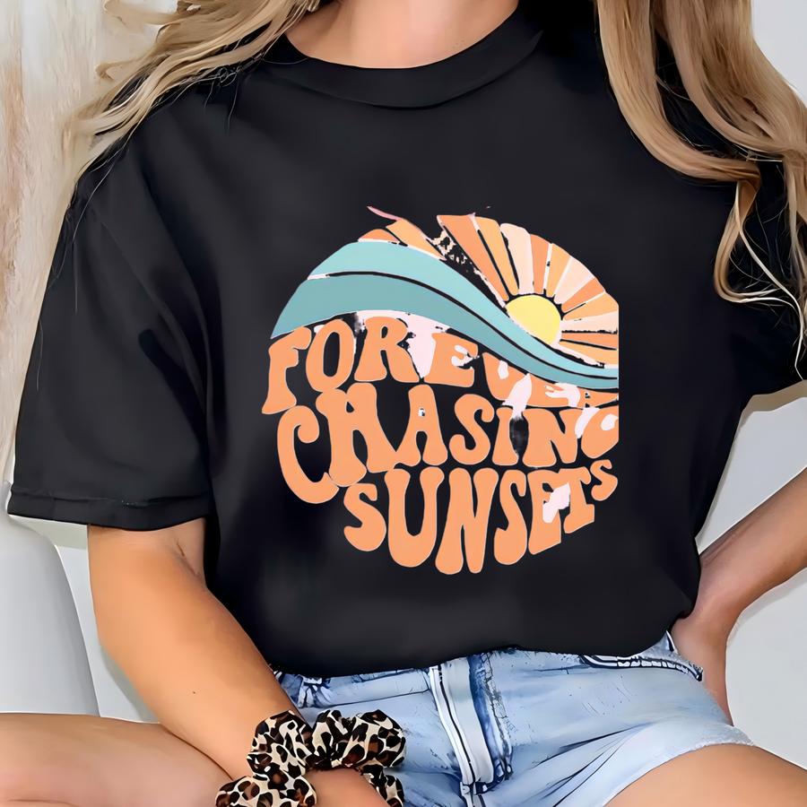 Forever Chasing Sunsets Hoodie: Beach Graphic Print T-shirt