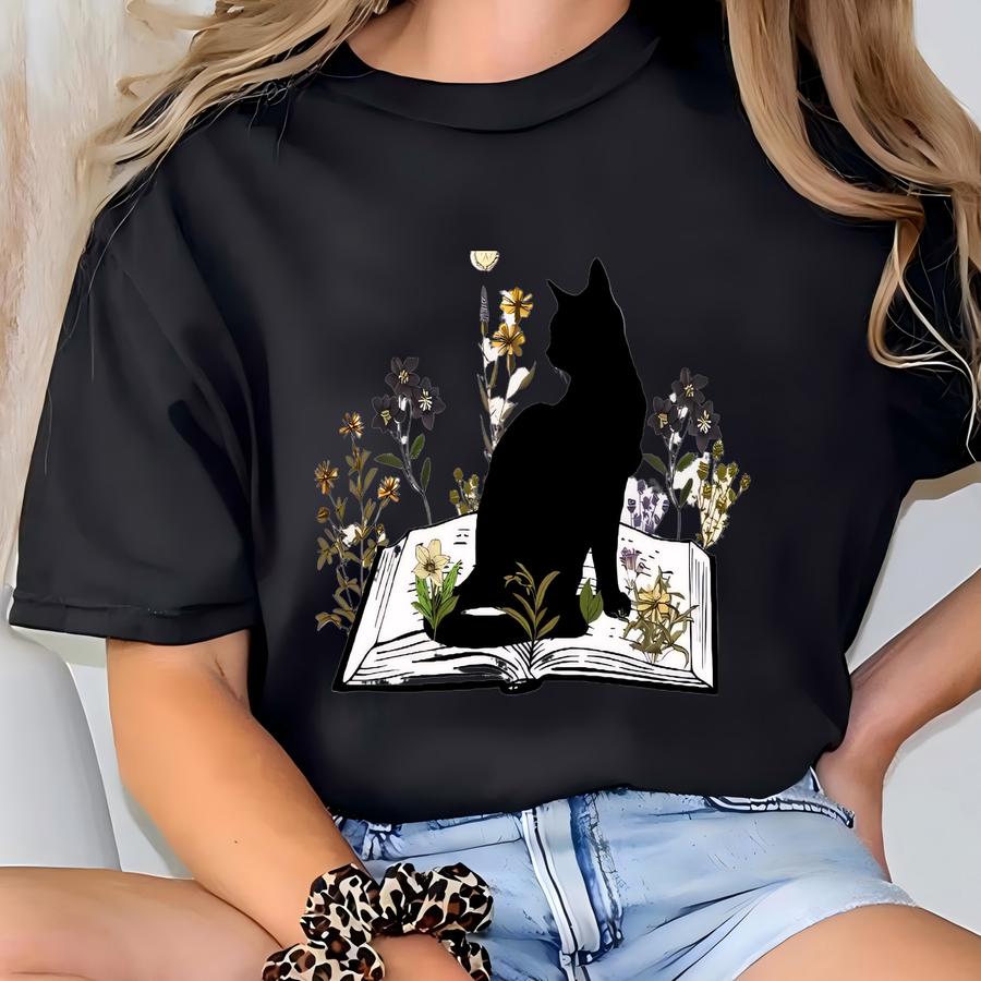 Floral Cat Hoodie: Book Lover Gift, Black Cat Mom Shirt T-shirt