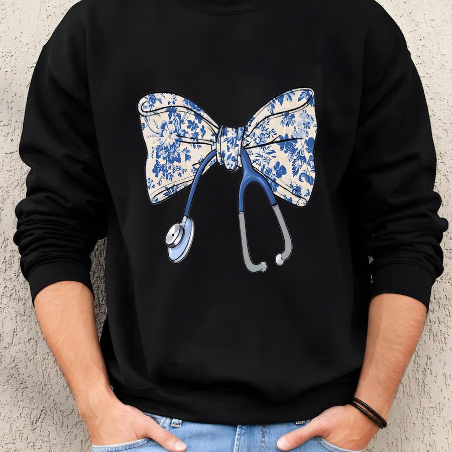 Nurse With Bow Sweatshirt, Stethoscope Sweatshirt, Nurse Gift Sweatshirt