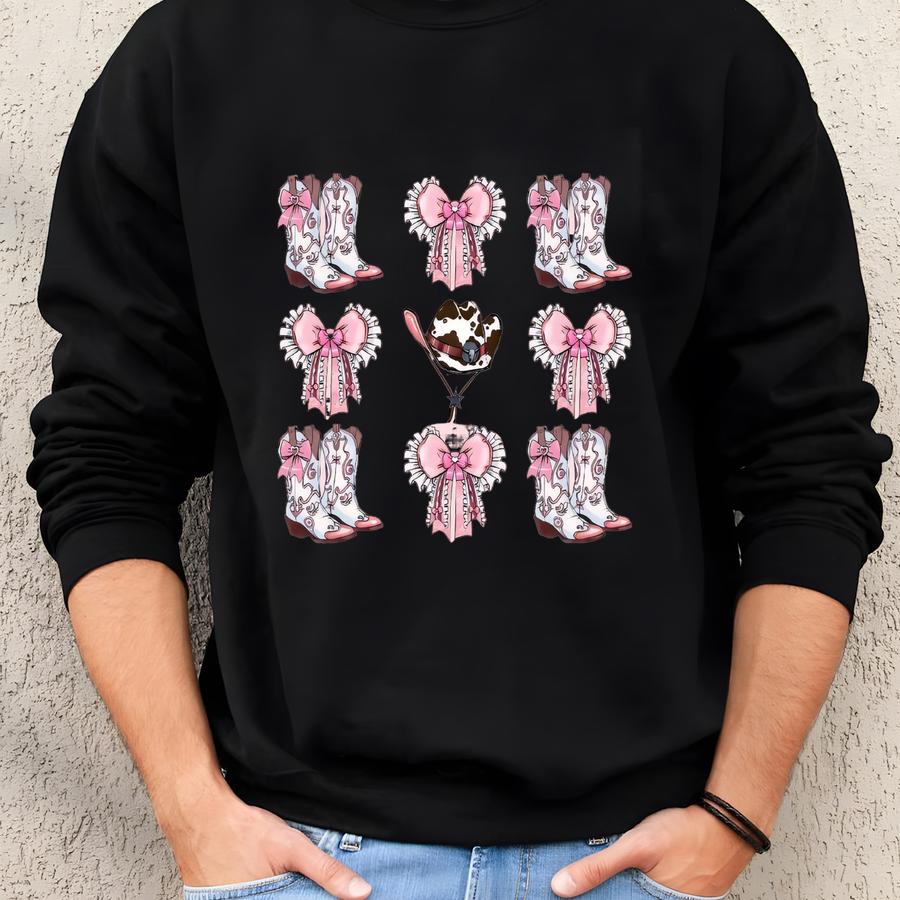 Pink Bow Cowgirl Boots Shirt Country Concert Tee, Coquette Cowgirl Tshirt, Western Cowgirl Boots Shirt, Western Girls Aesthetic Gift Outfit Sweatshirt