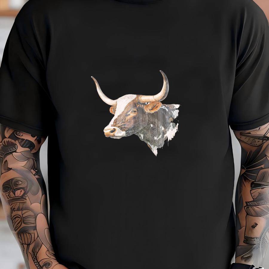 Rustic Bull Wall Art Print, Longhorn Cow Wall Decor, Western Farmhouse Animal Print, Minimalist Cattle Artwork, Country Ranch Home Decor T-shirt