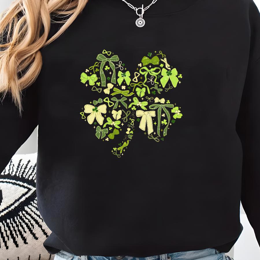 Coquette St Patrick's Day Bow Sweatshirt, Shamrock Bow Tee, Lucky Clover Sweater, St Patty's Day Apparel, Festive Irish Clothing For Women Sweatshirt