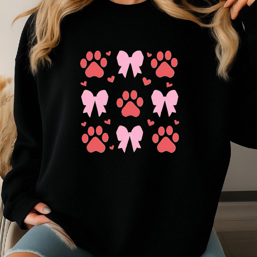Valentine Coquette Bows Footprint Dog Cat Shirt, Happy Valentine 2025 Cat Shirt, Cat Love Trip Shirt, Valentine Holiday T-shirt, Dog Lover Sweatshirt