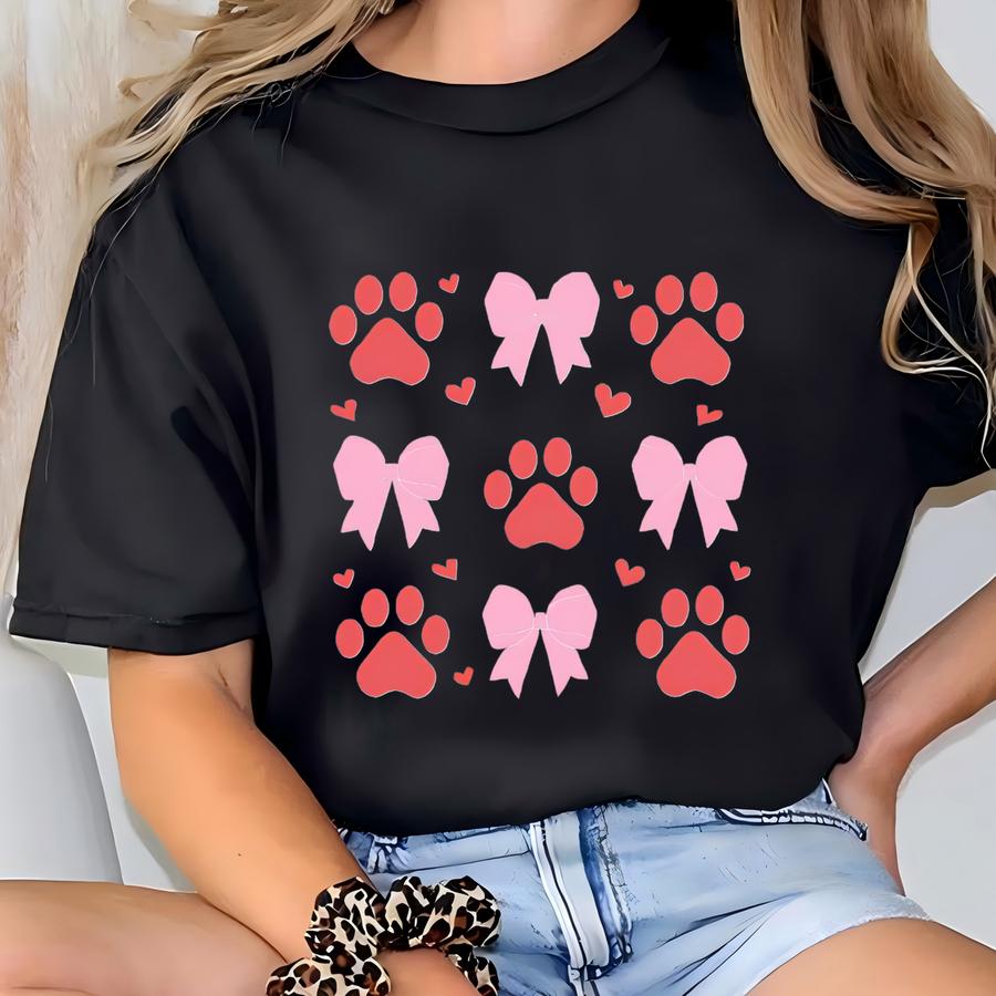 Valentine Coquette Bows Footprint Dog Cat Shirt, Happy Valentine 2025 Cat Shirt, Cat Love Trip Shirt, Valentine Holiday Hoodie, Dog Lover T-shirt