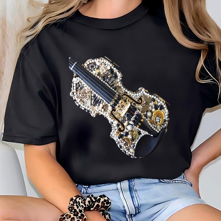 Vintage Jewelry Violin, Embellished Violin With Jewelry Black And Gold. Works! T-shirt