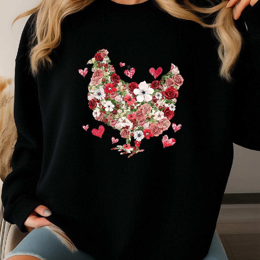 Floral Chicken Valentine Sweatshirt, Valentines Day Chicken Shirt, Cute Chicken Gift, Chicken Lover Gift, Farm Life Valentine Gift Sweatshirt