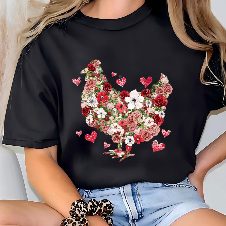 Floral Chicken Valentine Sweatshirt, Valentines Day Chicken Shirt, Cute Chicken Gift, Chicken Lover Gift, Farm Life Valentine Gift T-shirt