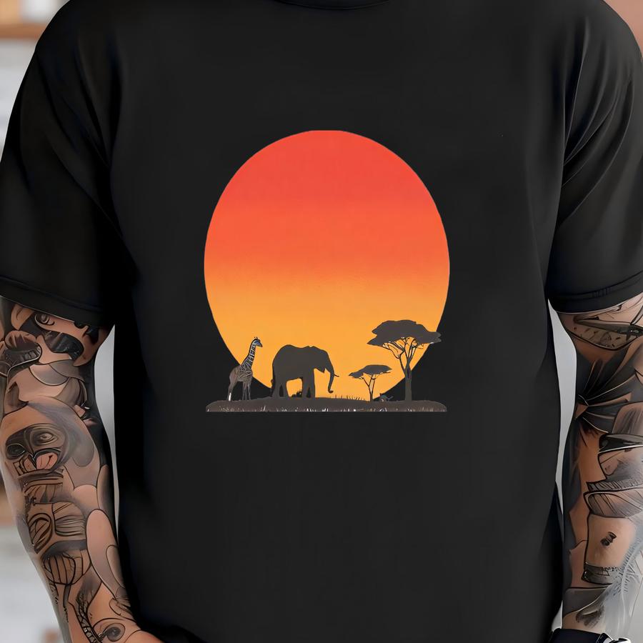 Retro Safari Sunset Hoodie - African Wildlife Graphic Tee For Nature Lovers - Adventure Shirt With Elephant And Giraffe Design T-shirt