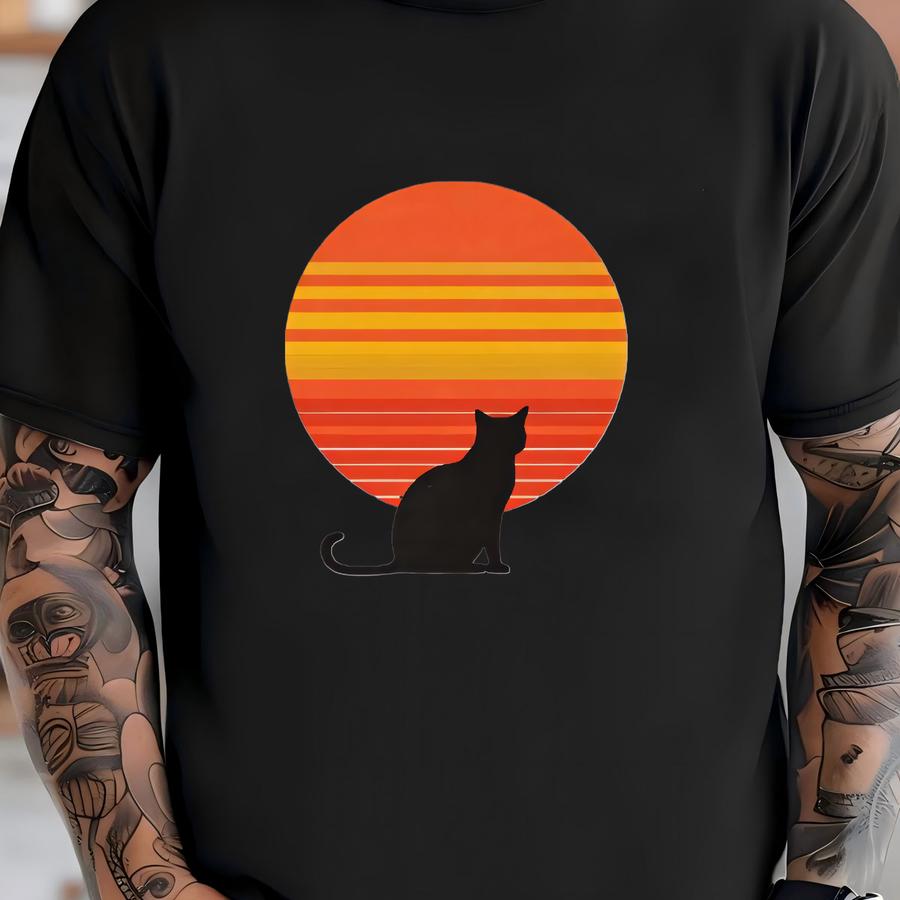 Retro Cat Sunset Hoodie - Minimalist Cat Graphic Tee For Pet Lovers - Cute Animal Lover Shirt With Sunset Silhouette Design T-shirt