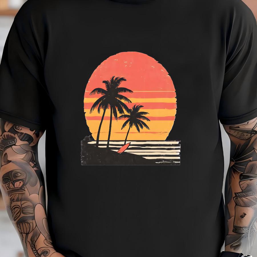 Retro Beach Vibes Hoodie - Palm Tree And Surfboard Graphic Tee - Tropical Sunset Shirt For Ocean Lovers And Summer Adventures T-shirt