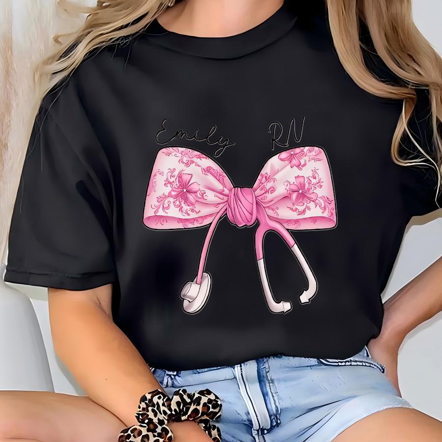 Custom Name Gift For Nurses, Nurse Toile Bow Sweatshirt, Chinoiserie Pink Bow Stethoscope, Nurse Toile Bow Shirt,coquette Nurse Sweatshirt T-shirt