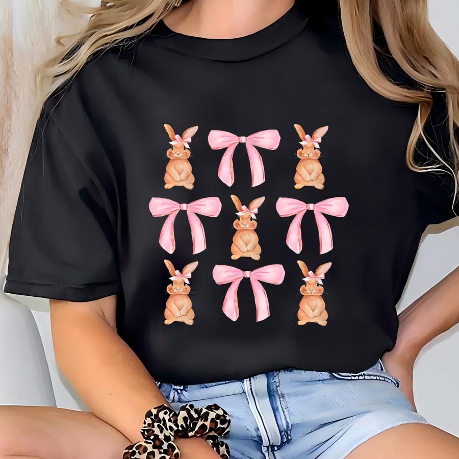 Coquette Bow Bunny Shirt, Cute Bunny Sweatshirt, Rabbit Tee, Happy Easter Day Gift, Coquette Easter, Cute Easter Shirt, Easter Day Gift T-shirt