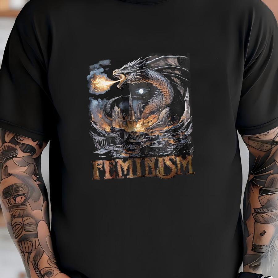 Feminism Dragon Graphic Hoodie - Gothic Fantasy Dragon Castle Tee - Dark Fantasy Tee - Vintage Feminism Graphic Tee T-shirt