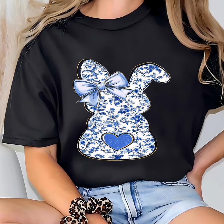 Floral Blue Bunny Sweatshirt, Cute Easter Bow Crewneck, Bunny Women's Sweater, Coquette Easter Bunny Sweatshirt, Floral Easter Shirt T-shirt