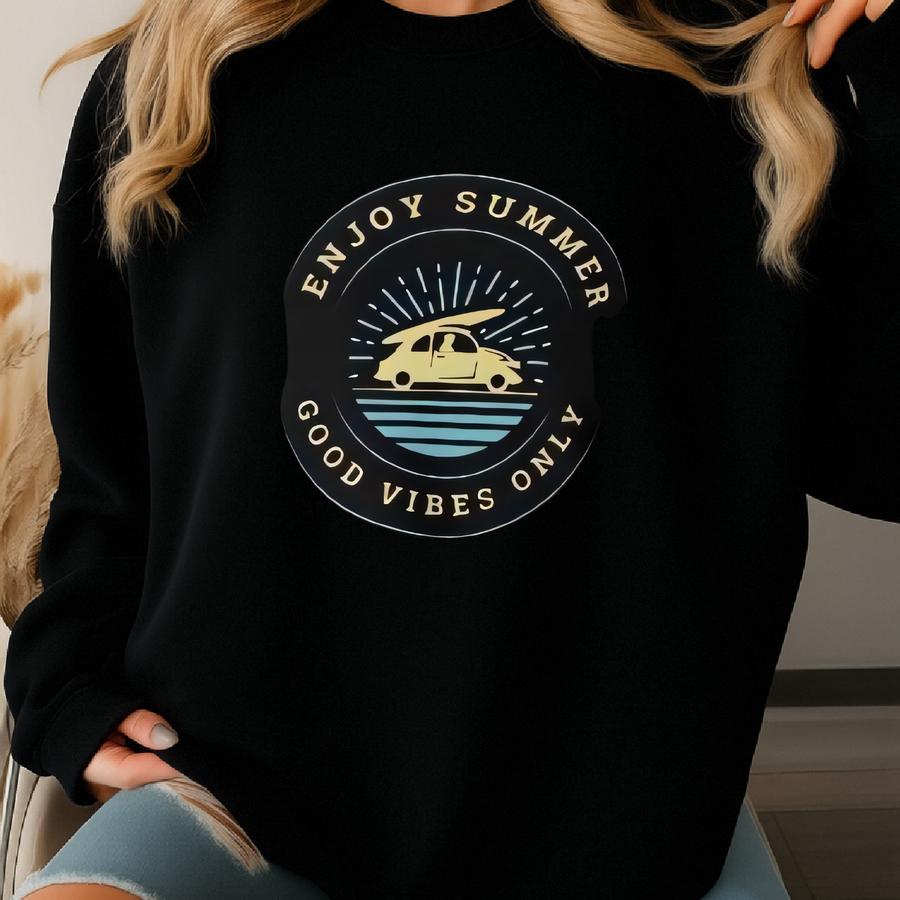 Enjoy Summer, Good Vibes Only T Shirt, Summer Lovers Gift Tee, Sunshine, Summertime, Surfer, Surf, Beetle, Women’s Relaxed V-neck T-shirt Sweatshirt